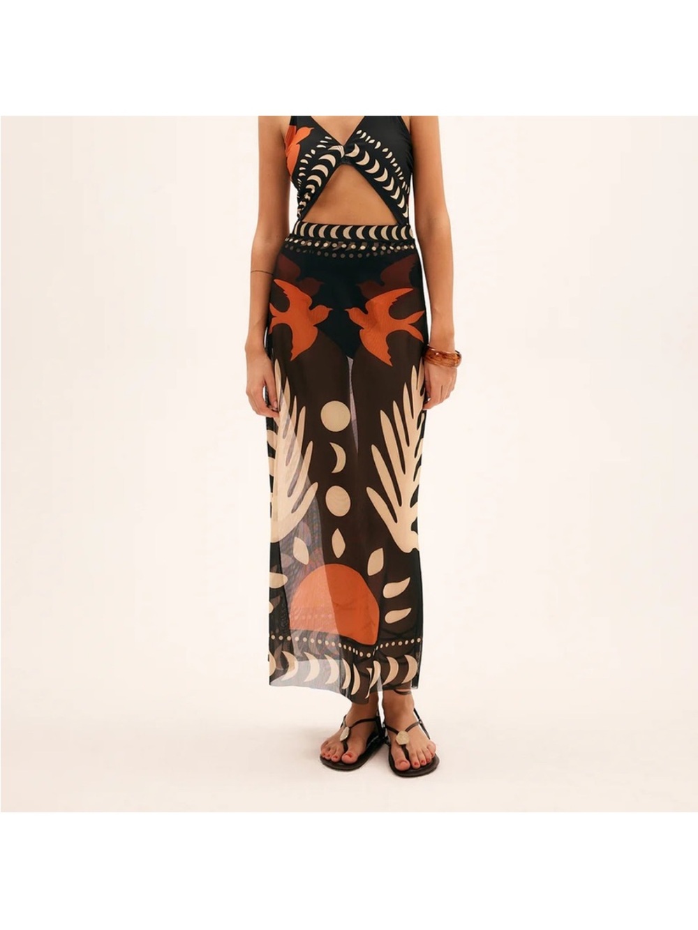 NWT Commense 99 Bird Print Sheer Swim Cover Up Maxi Skirt